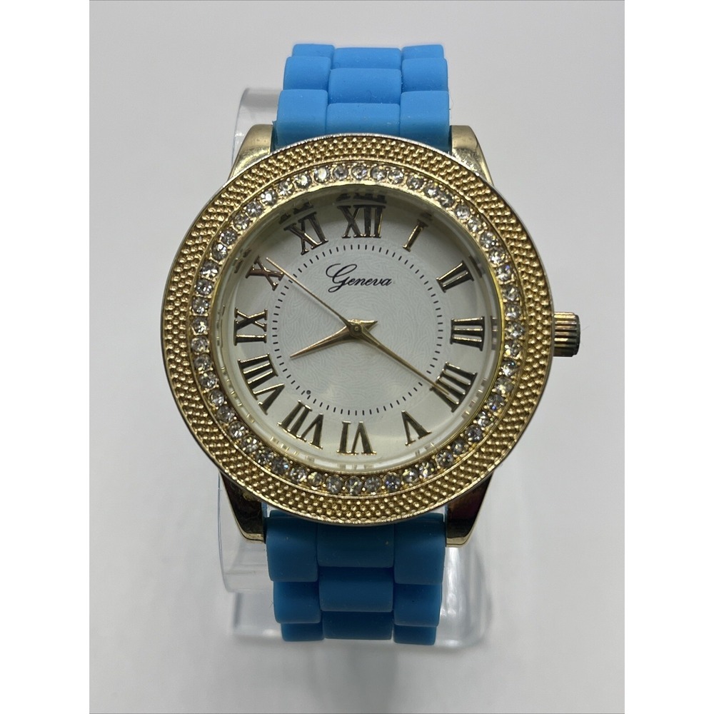 Geneva Women's Quartz Watch Gold Tone Case Blue Silicone Band- New‎ Battery